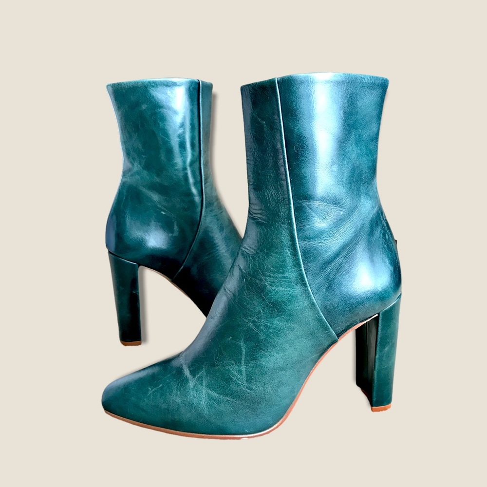 Zara Dark Green Genuine Leather Heeled Retro Minimalist Modern Cute Ankle Bootie - Picture 8 of 16